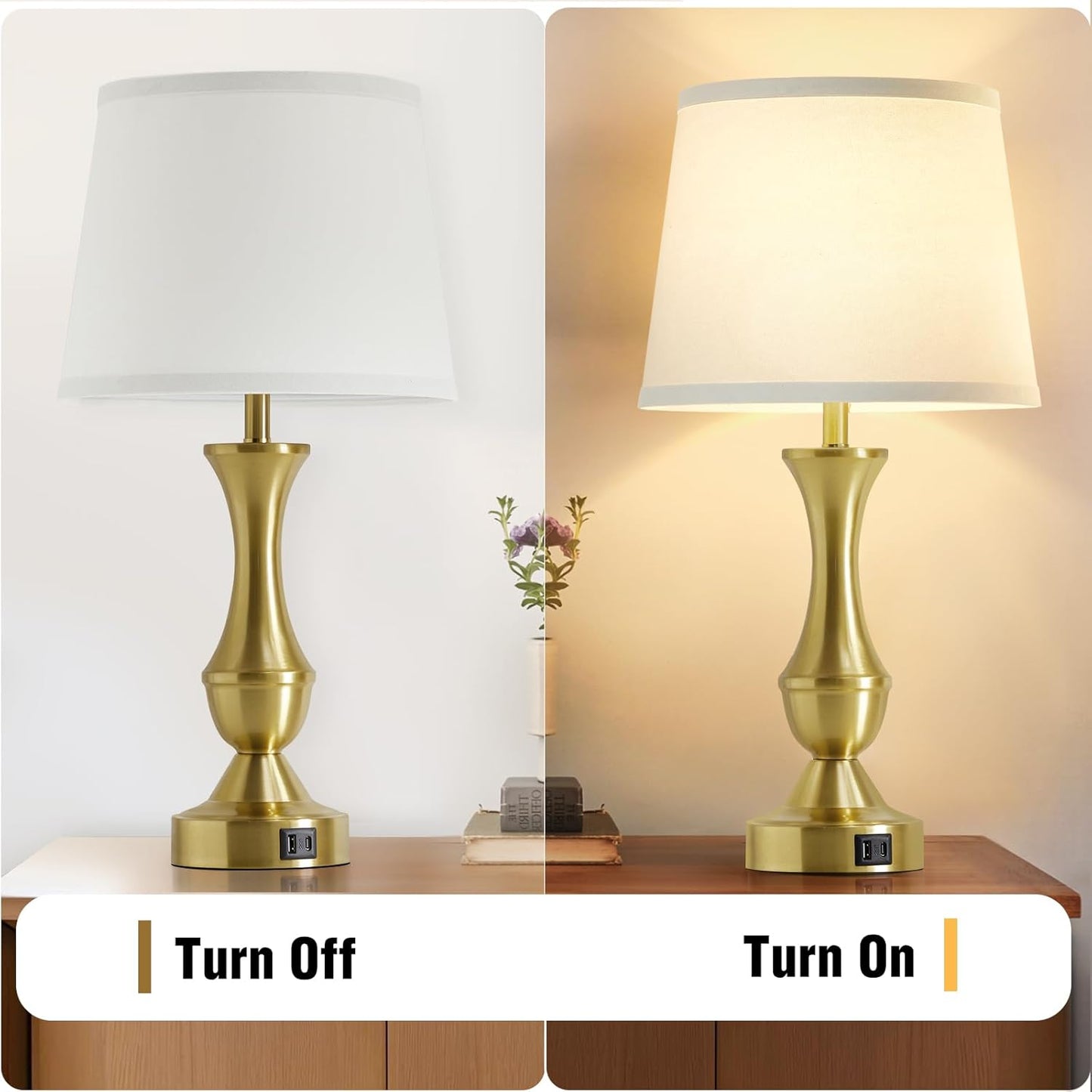 Luvkczc 22" Gold Table Lamps Set of 2 - Modern Luxury Bedside Lamps with White Fabric Shade, 3-Way Dimmable & Dual USB C+A Ports, Nightstand Lamps for Bedroom/Living Room (Bulb Included)