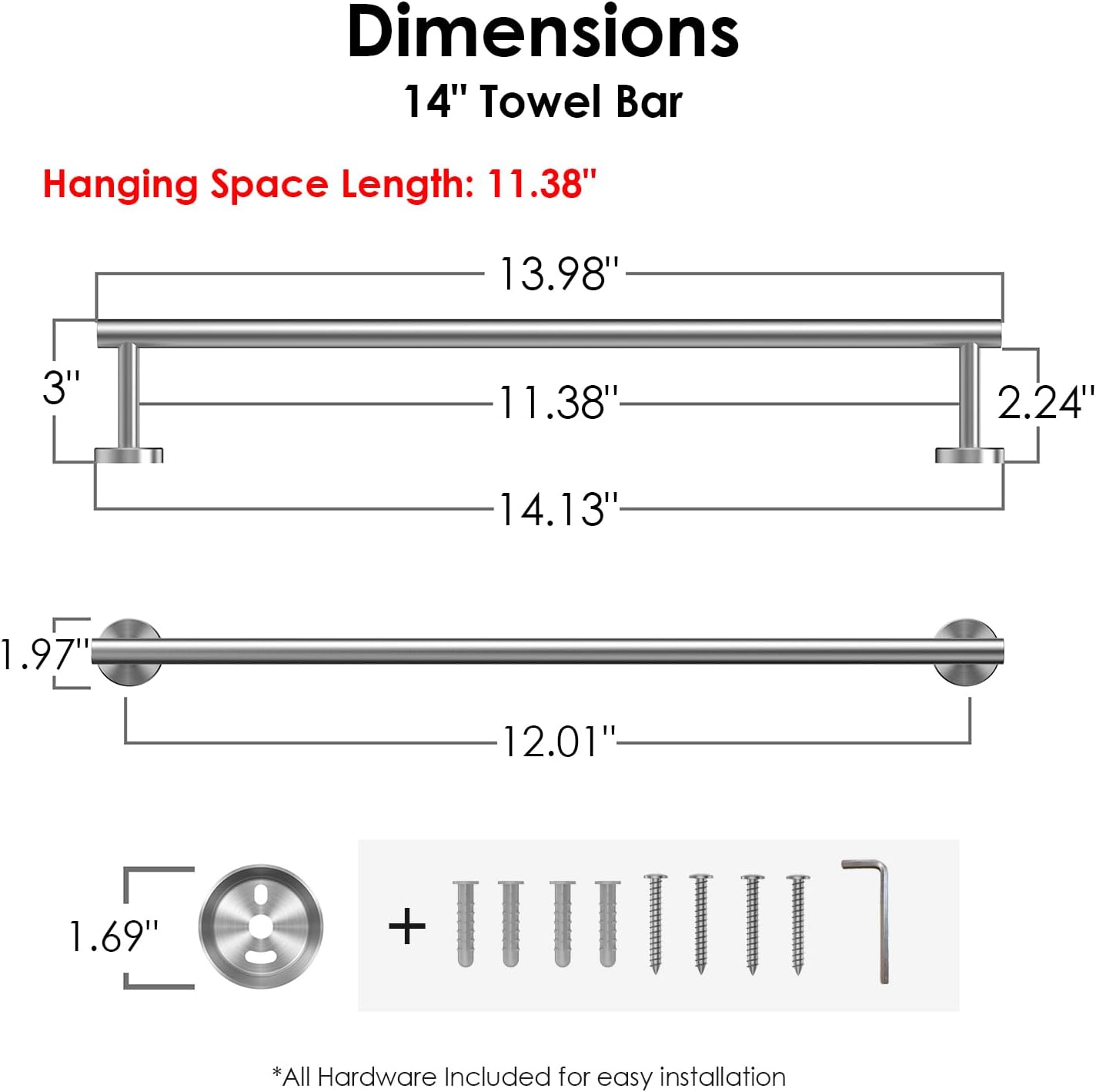 FORIOUS Towel Bar Wall Mounted, Stainless Steel Towel Racks for Bathroom, Includes Wall Mounting Hardware (Brushed Nickel, 14 Inch)