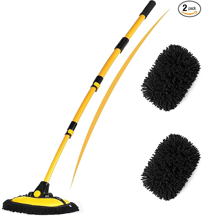 56.7" Car Wash Brush Mop Kit Microfiber Car Washing Sponge Mitt with Long Handle Car Cleaning Supplies Tools RV Washing Duster Exterior Scratch Free, Chenille Replacement Head Extension Pole