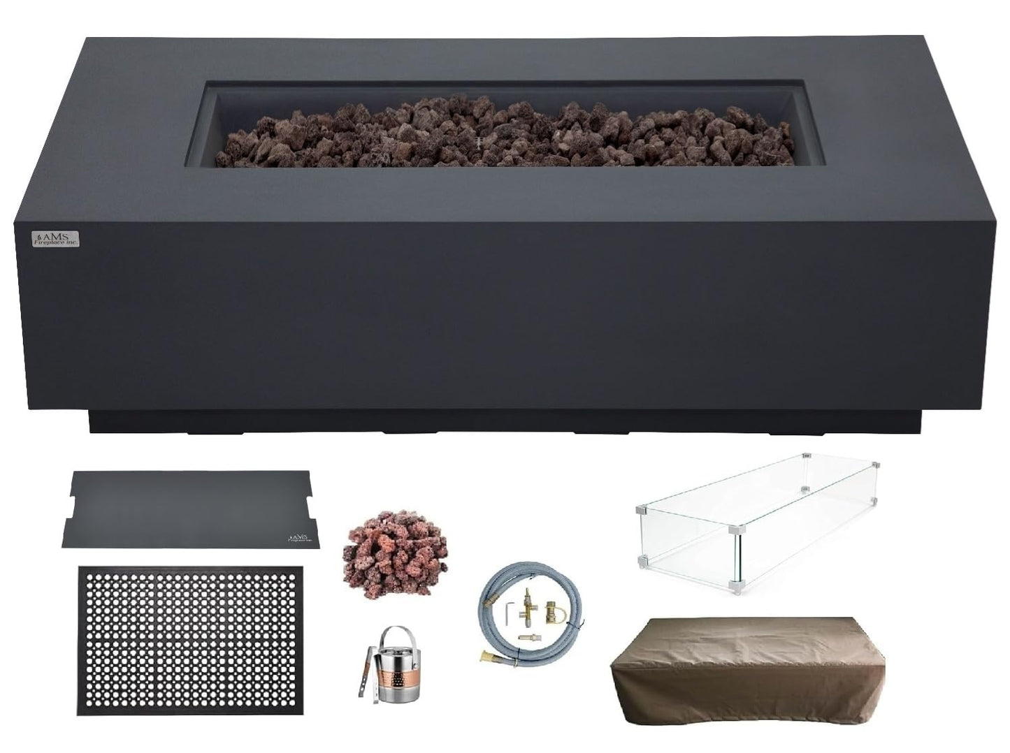 AMS Creations | Madison 60" Bundle Rectangular Natural Gas Outdoor Fire Pit Table | Dark Gray Concrete GFRC | Smooth Texture or Surface | Electronic Ignition | Outside Backyard Fireplace
