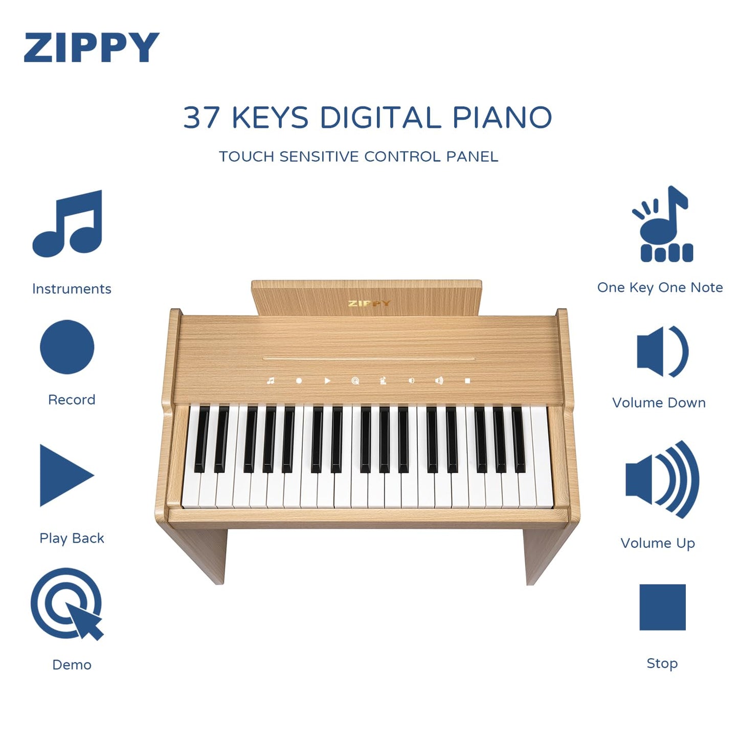 ZIPPY Kids Piano Keyboard, 37 Keys Digital Piano for Kids, Touch Sensitive Control Panel, Built-in Songs, Volume Adjustable, Music Educational Instrument, Wood Piano for 3+ Girls and Boys (Oak Plus)
