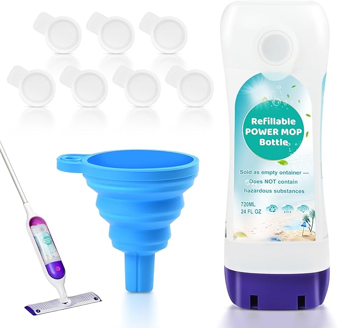 Refillable Bottle for Swiffer Power Mop – 720ML / 24 FL.OZ Leak-Proof HDPE Cleaner Solution Refill Bottle with 7 Silicone Gaskets & 1 Funnel, Easy Install for Use with Any Cleaning Solution