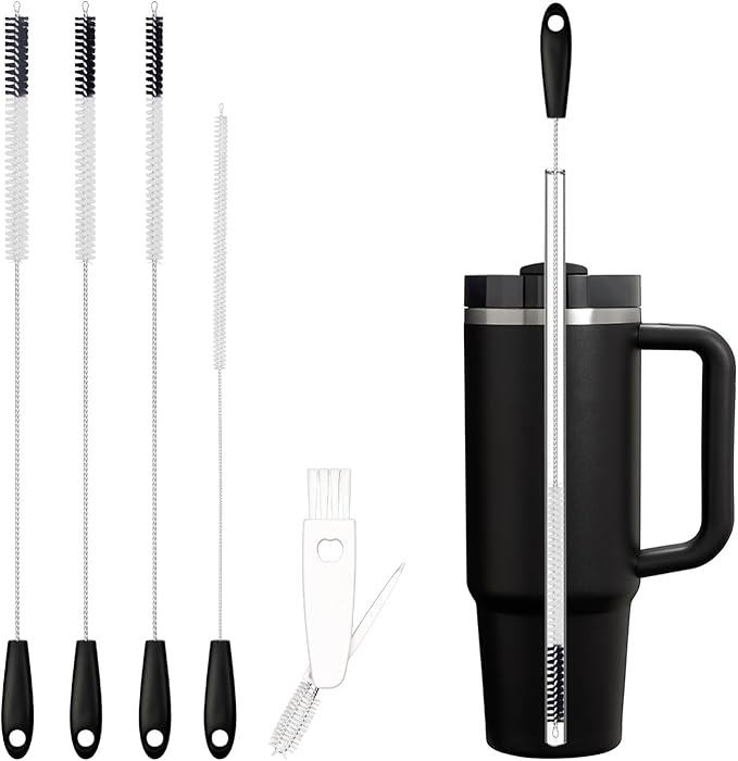 Straw Cleaning Brush Set, 4 Sizes (6/8/10/12mm) + 3-in-1 Lid Brush, 15-Inch Long Handle for Thorough Reach, Fits Most Reusable Cups and Straws for Home & Travel Use, Black