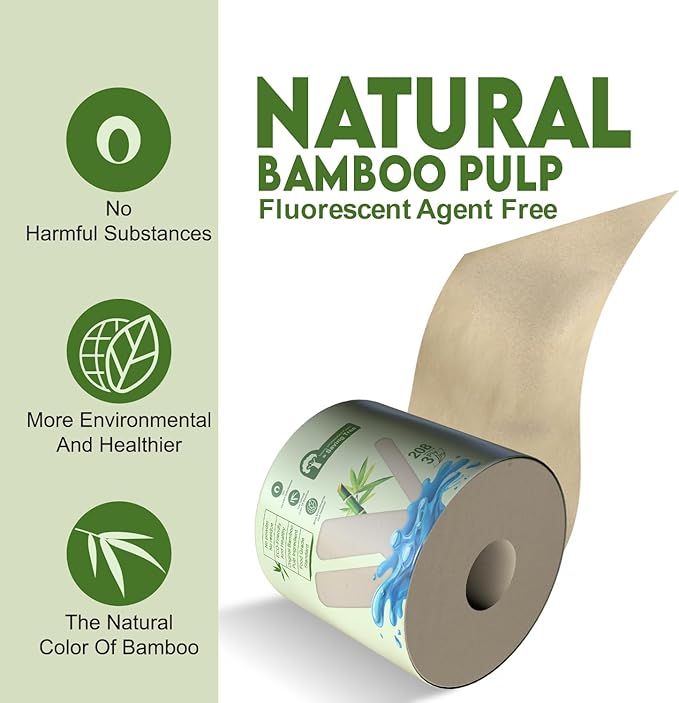 WBM Care Bamboo Toilet Tissue, Strong & Flexible 3-Ply, All Natural Tree Free and Septic Safe Paper Towels, 208 Sheets Each Roll, Total 6240 Sheets, 30 Rolls