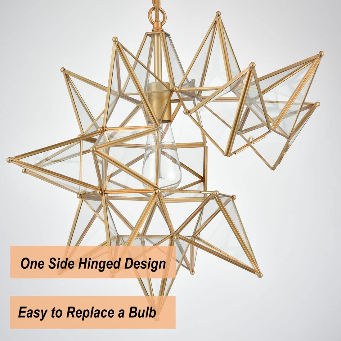 DIRYZON 20 Inch Gold Large Moravian Star Pendant Light Mid Century Clear Glass Hanging Pendant Light for Kitchen Bedroom Porch