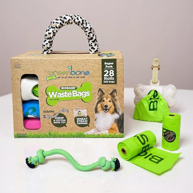 Greenbone BioBase Purple Dog Poop Bag Refills: 28 Rolls - 336 Bags with Dispenser and Rope Toy Handle- Dog Gift Set