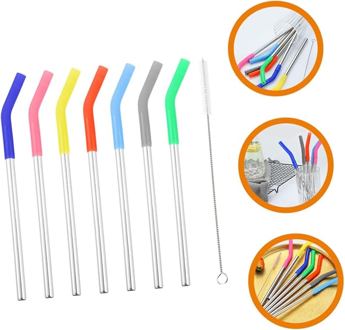 Stainless Steel Drinking Straws Set with Mixed Color Silicone Covers and Cleaning Brush Reusable Straws for Smooth Beverage Flow Rust-resistant Material Kit