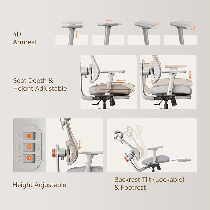 Newtral Ergonomic Office Chair-Home Office Desk Chair with Footrest, Auto-Following Backrest & Headrest, 4D Armrests, 96°-136° Recline (Gray, with Laptop Table)