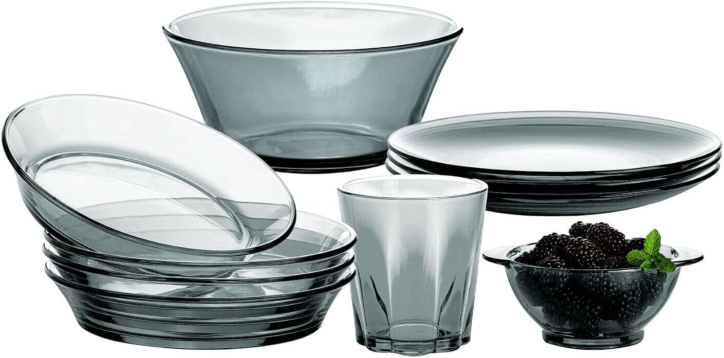 STP GOODS Glass Soup and Salad Bowl with Handles, Cobalt Transparent Glass Eating Plates, Circular Dinnerware for Salad, Bread, Dinner (Gray Set of 4)