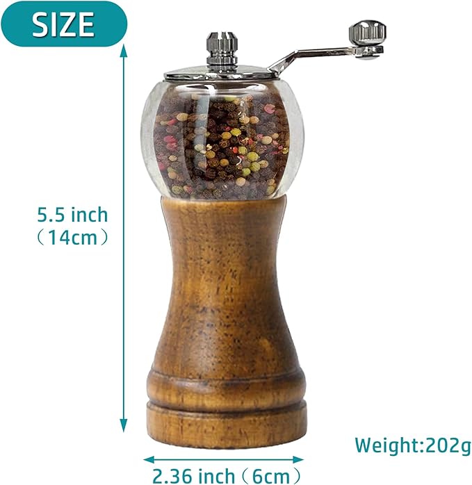 Salt and Pepper Grinder Set Manual Pepper Mill Set Classical Hand Shake Wooden Pepper Grinder Salt Mills Ceramic Blades Metal Handle, Enjoy Fresh Ground spices (Antique 1pcs-6in)