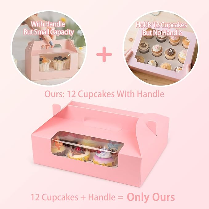 FORBFAN 30 Pcs Cupcake Boxes, 12 Count Muffin Boxes with Handle, Window, and Inserts, Pink Cupcake Holders Bakery Carrier Boxes for Cookies Treats Dessert