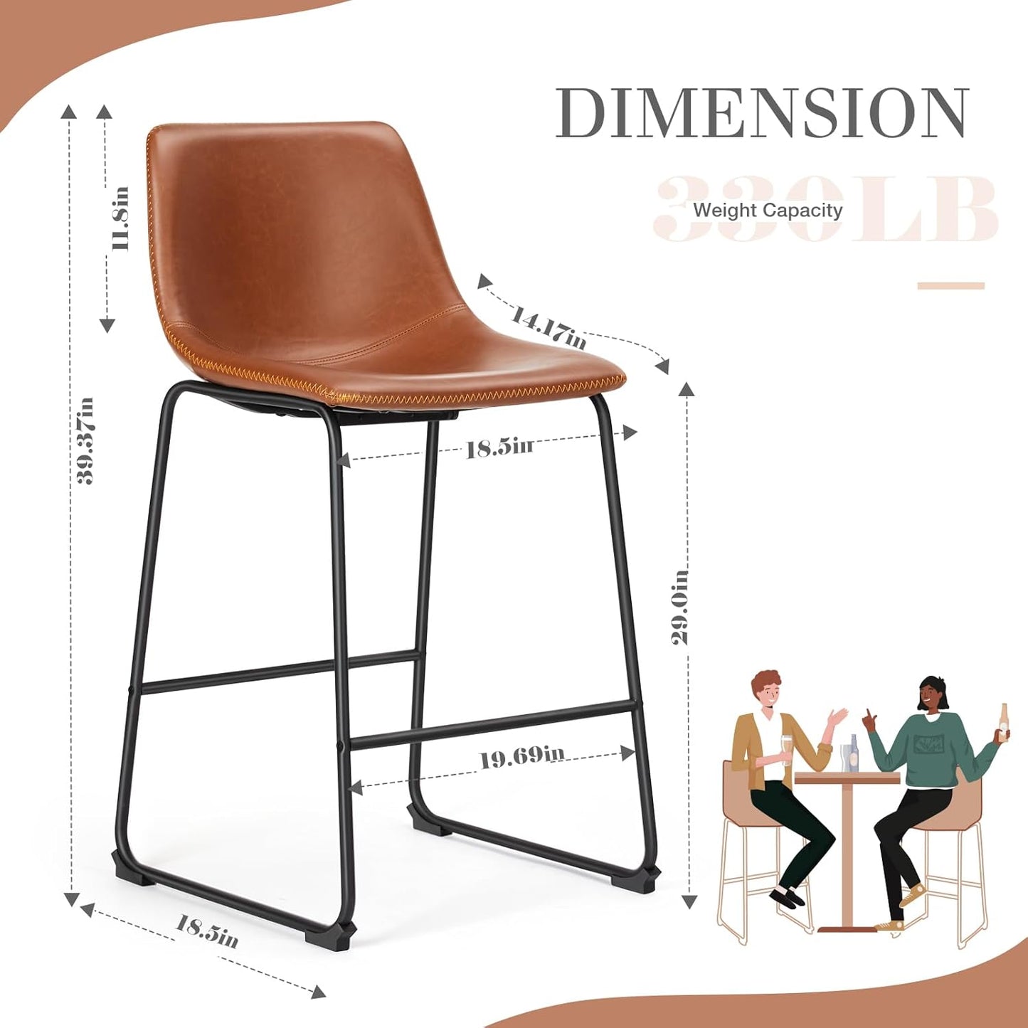 DUMOS 30 Inch Counter Height Bar Stools Set of 2, Modern Faux Leather High Barstools with Back and Metal Leg, Bar Chairs for Kitchen lsland, Elegant Brown