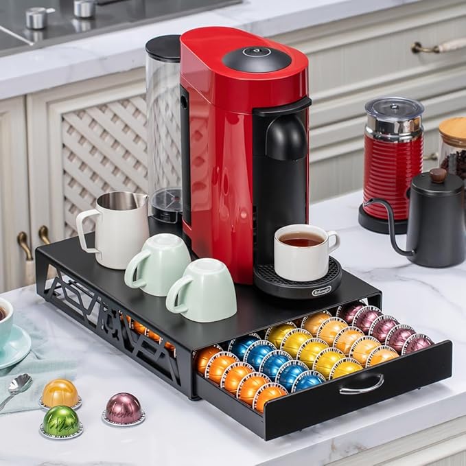 FlagShip Vertuo Pod Storage - Modern Black Metal Coffee Capsule Organizer & Space-Saving Pod Holder for Coffee Machines, Spacious 50 Vertuo Pods Capacity