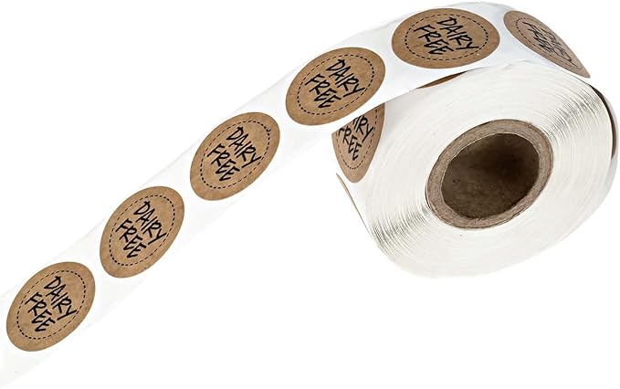 Brown Kraft Dairy Free Stickers / 500 Food Allergy Label Roll / 1" Small Round Vegan Milk Lactose Free Labels/Made in The USA