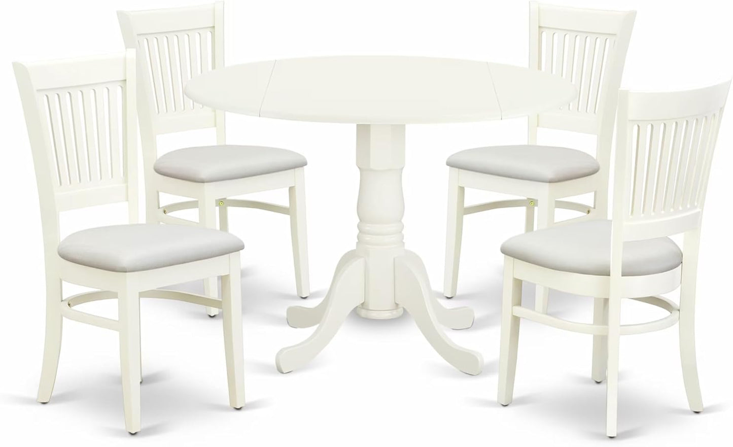 East West Furniture DLVA5-LWH-C 5 Piece Dining Table Set for 4 Includes a Round Kitchen Table with Dropleaf and 4 Linen Fabric Kitchen Dining Chairs, 42x42 Inch, Linen White