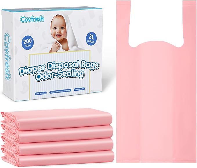 Odor Sealing Disposable Diaper Bags with Tie Handle, 200 count, Large Capacity, Unscented & Durable Diaper Trash Bags for Home & Baby Travel Use (Color:Pink)