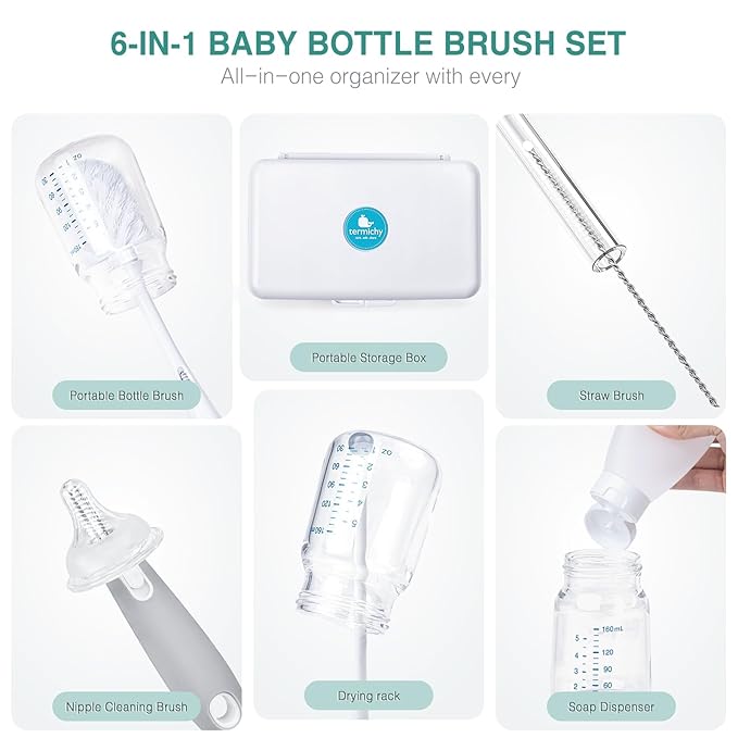 Termichy Travel Bottle Cleaning Kit: Portable Drying Rack & Brush Set for Working Moms - Compact Baby Essentials for Hotel & Camping