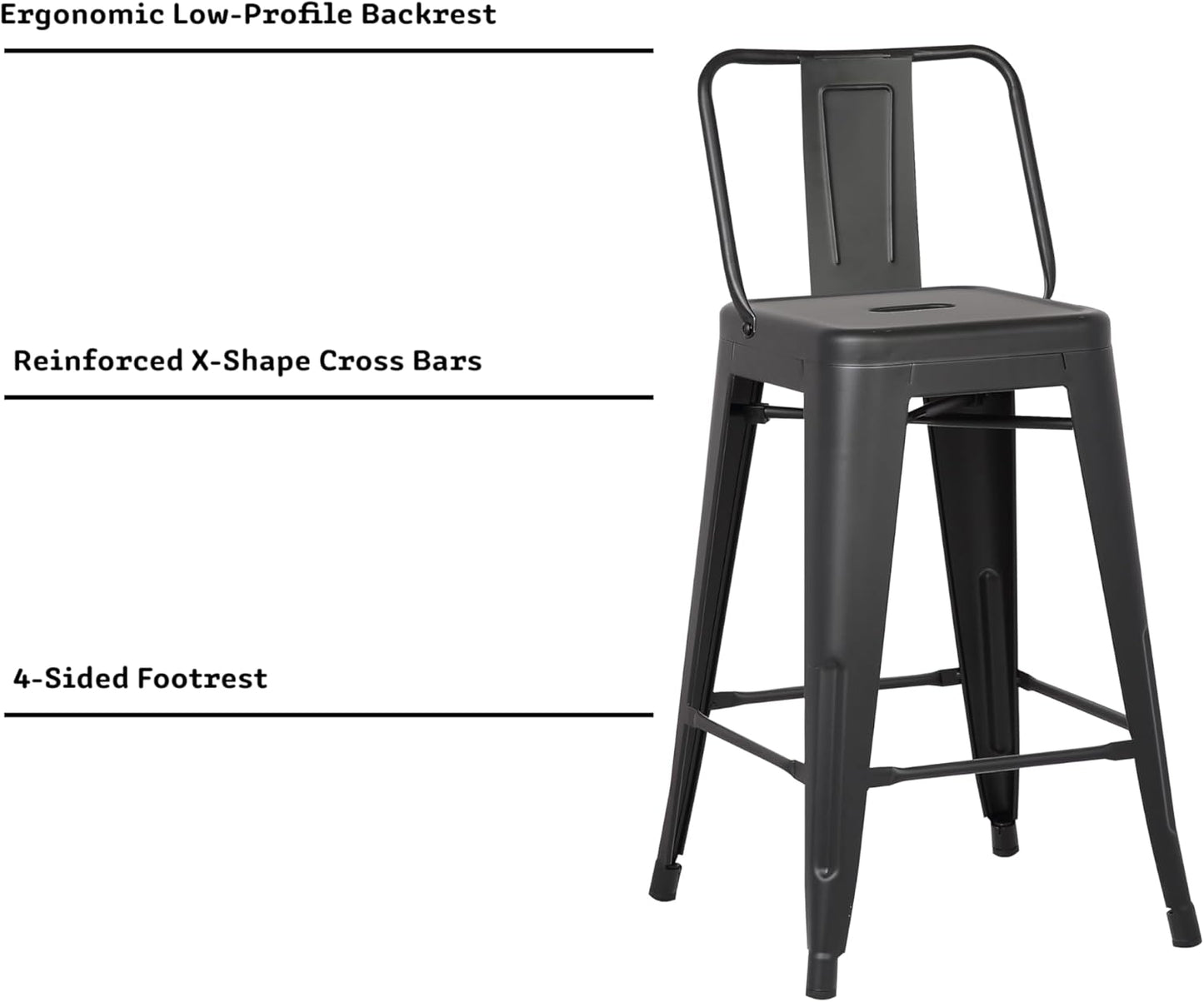 AC Pacific Modern 24” Metal Barstool Set of 2 – Country Rustic Style with Low Back, Lightweight & Sturdy Build, Easy Assembly, Matte Black