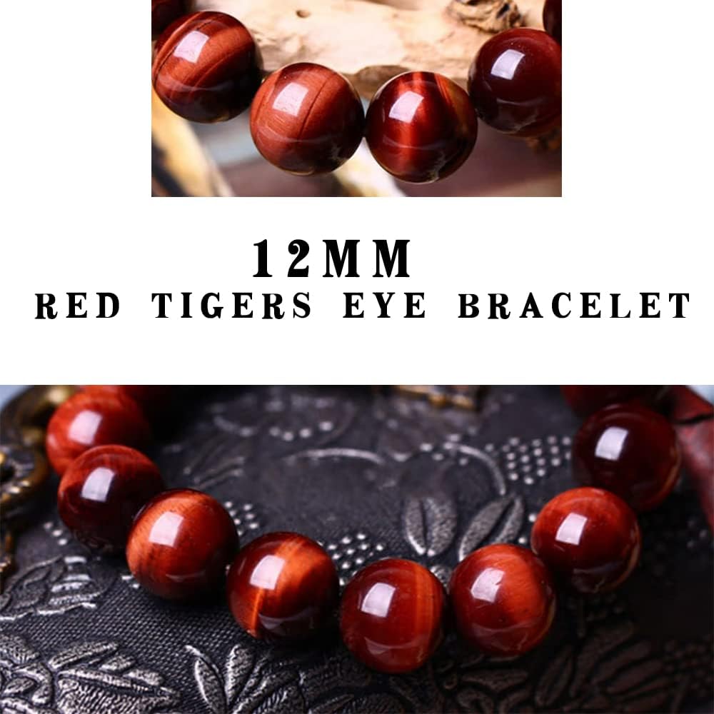 12MM Red Tigers Eye Bracelet for Unisex | Natural Root Chakra Gemstones | Fits for 9" XLarge & Strong Wrist | Bring Luck & Fortune | Anxiety Stress Relief Spritual choice for Friends Familys