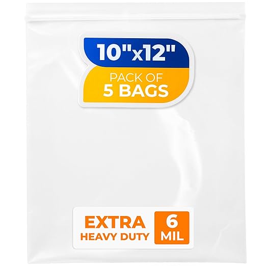 10" x 12" Medium Zip Seal Lock Bags, 6 Mil (Pack of 5) – Heavy-Duty Reclosable Plastic Bags – Clear, Resealable, Waterproof – For Storing and Organizing Clothes, Jewelry, and Travel Items