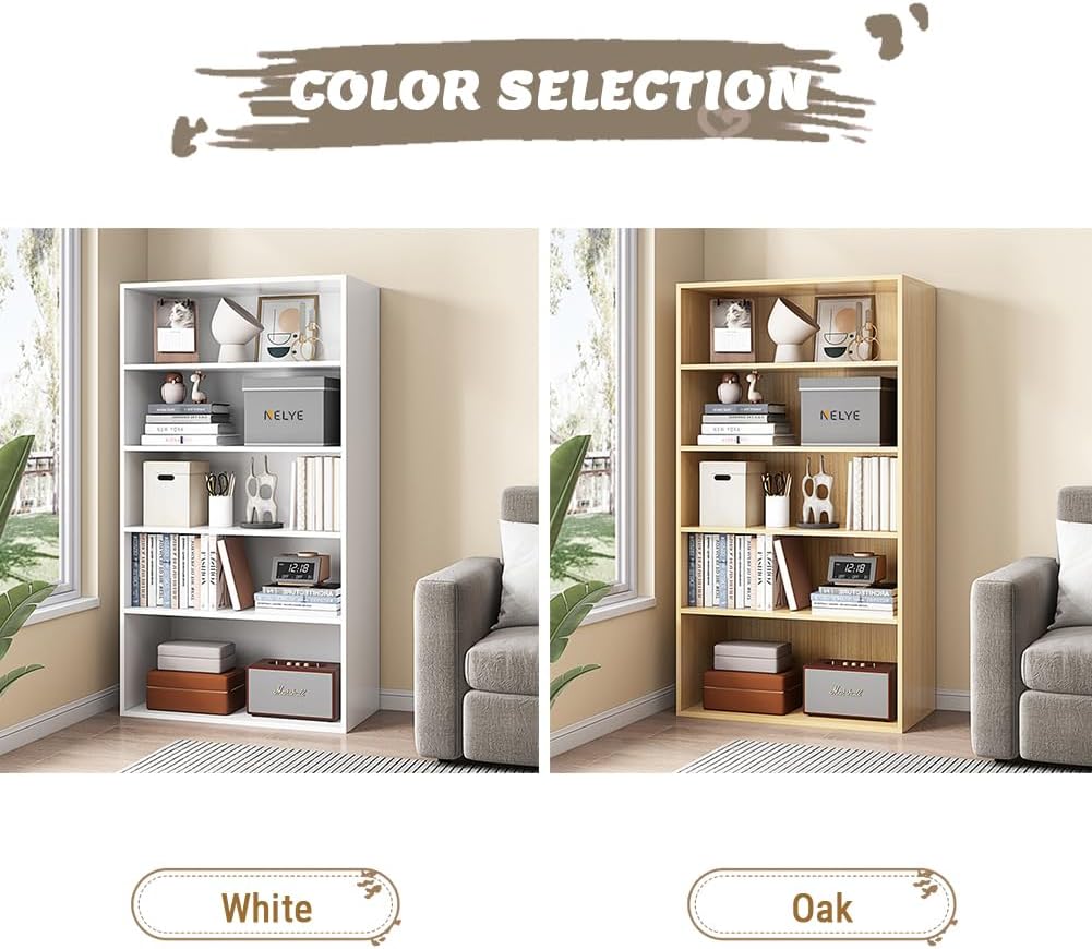 Basic Open Shelf Bookcase - 5-Tier Wooden Cube Storage Shelves Split Bookshelf, White