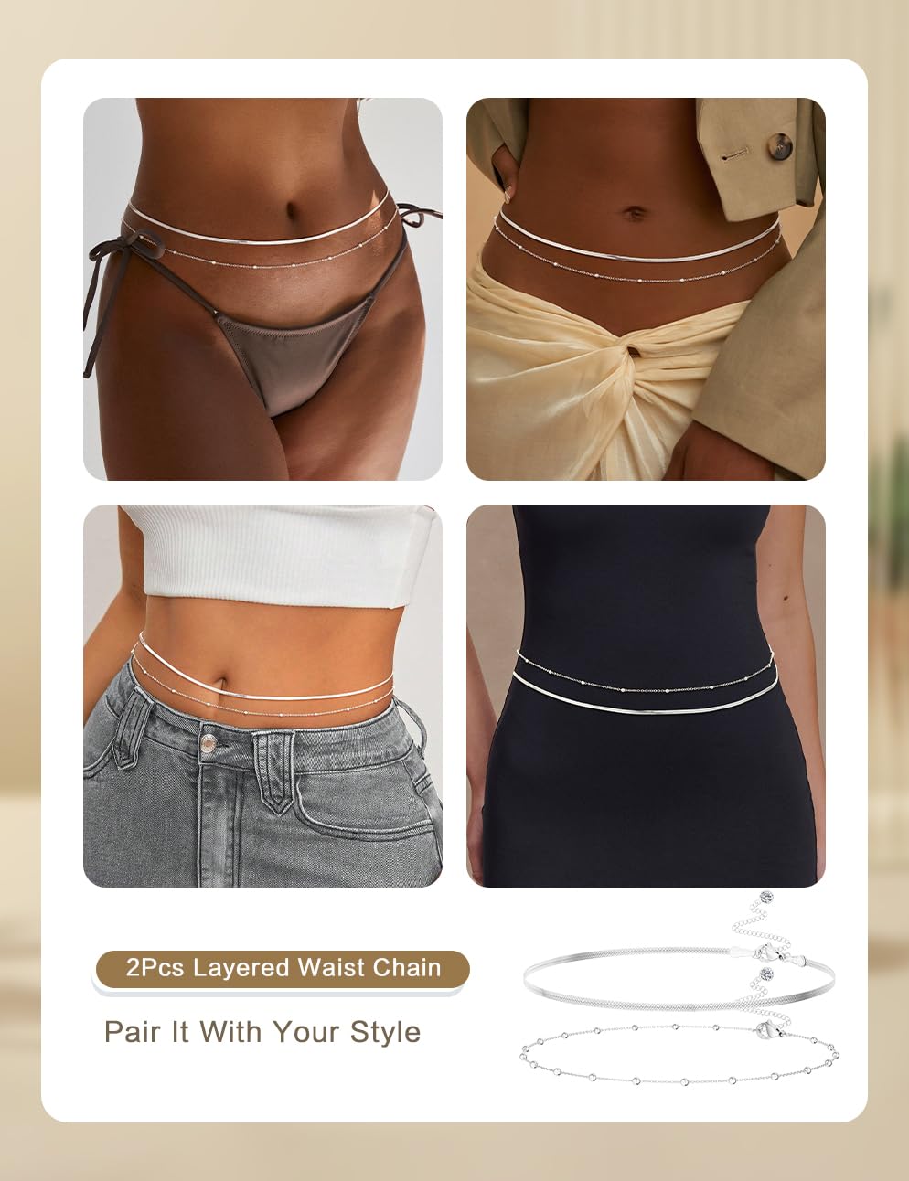 HABIKIP Silver Plater Waist Chain for Women, Layered Silver Plater Belly Belt Chain Sexy Bikini Beach Satellite Waist Beads Chain Adjustable Snake Body Chain Waterproof Jewelry Accessories for Women
