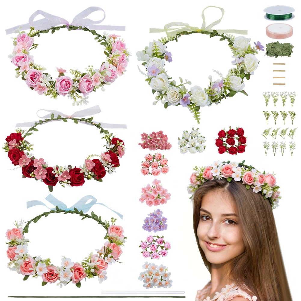 ACRNIGHEET 4 Sets DIY Flower Crown Making Kit, Fairy Party Favors Floral Headband, Make Your Own Crown Garland Headband, Rose Flowr Crowns Kit for Princess Women Wedding Birthday Part