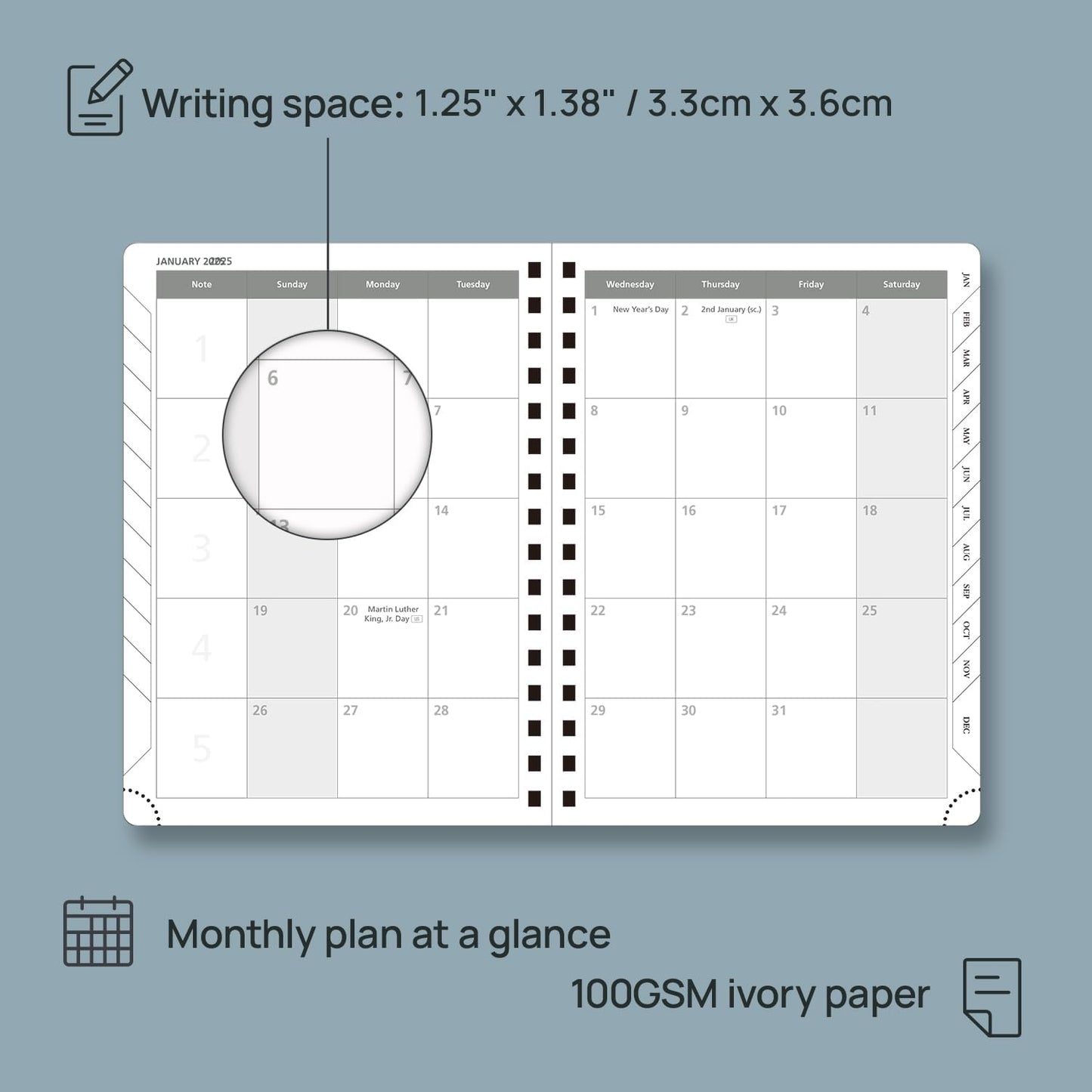 POPRUN 2025 Planner (Medium Size 8.5'' x 6.25'' Wire-Bound Hard Cover) Daily Weekly and Monthly Calendar - Agenda 2025 with Hourly Schedule & Vertical Weekly Layout, Monthly Tabs - Haze Blue