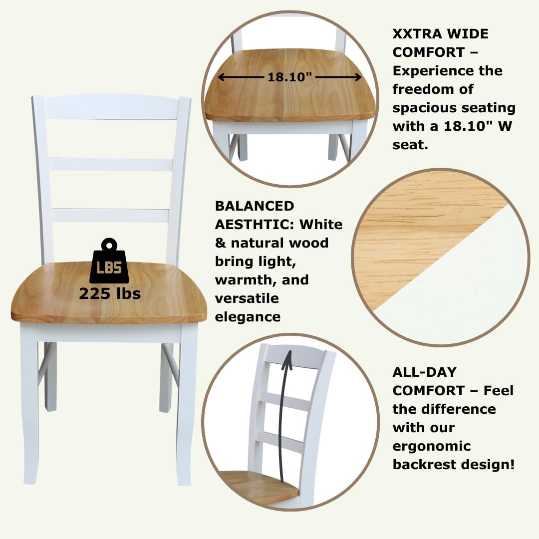 Madrid Ladderback, Set of 2 Dining Chairs , Solid Wood Kitchen/Dining Chairs, Parawood Construction, 18.1"W x 19.3"D x 35.2"H, 225 lb Weight Capacity, Elegant, Durable, White/Natural