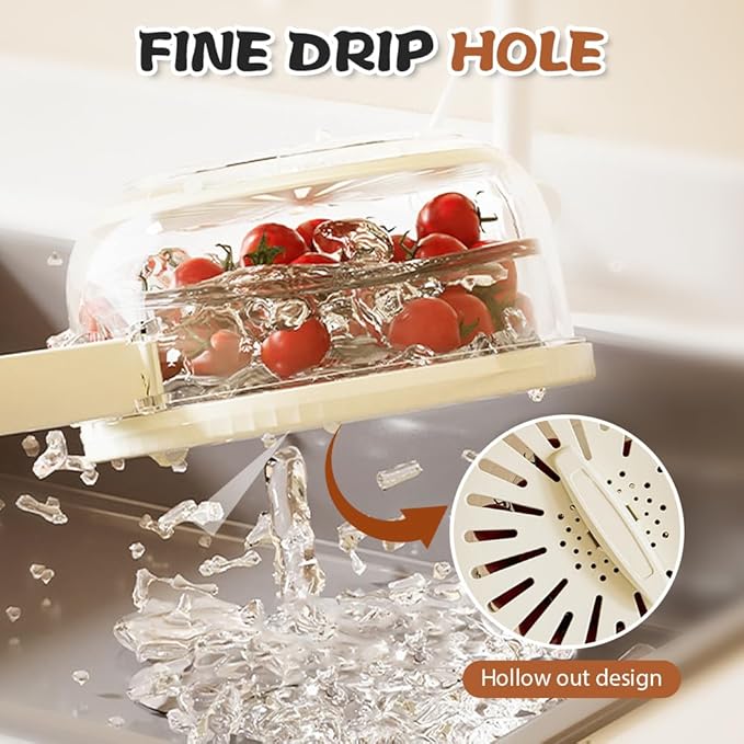 Multi-Functional Fruit and Vegetable Washing Bowl, Fruit Strainer Container with Lid, 2 In 1 Sealed Drainer Basket, Drainer and Freshness Basket, Kitchen Tool with Foldable Handle (White 2pcs)