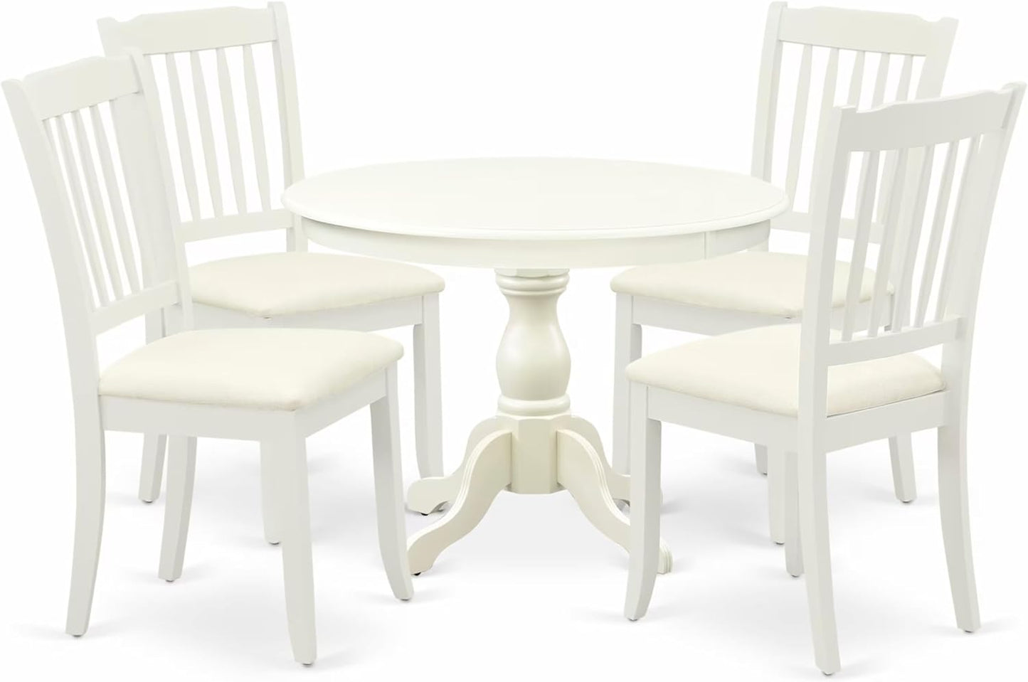East West Furniture HBDA5-LWH-C 5 Piece Kitchen Table & Chairs Set Includes a Round Dining Room Table with Pedestal and 4 Linen Fabric Upholstered Chairs, 42x42 Inch, Linen White