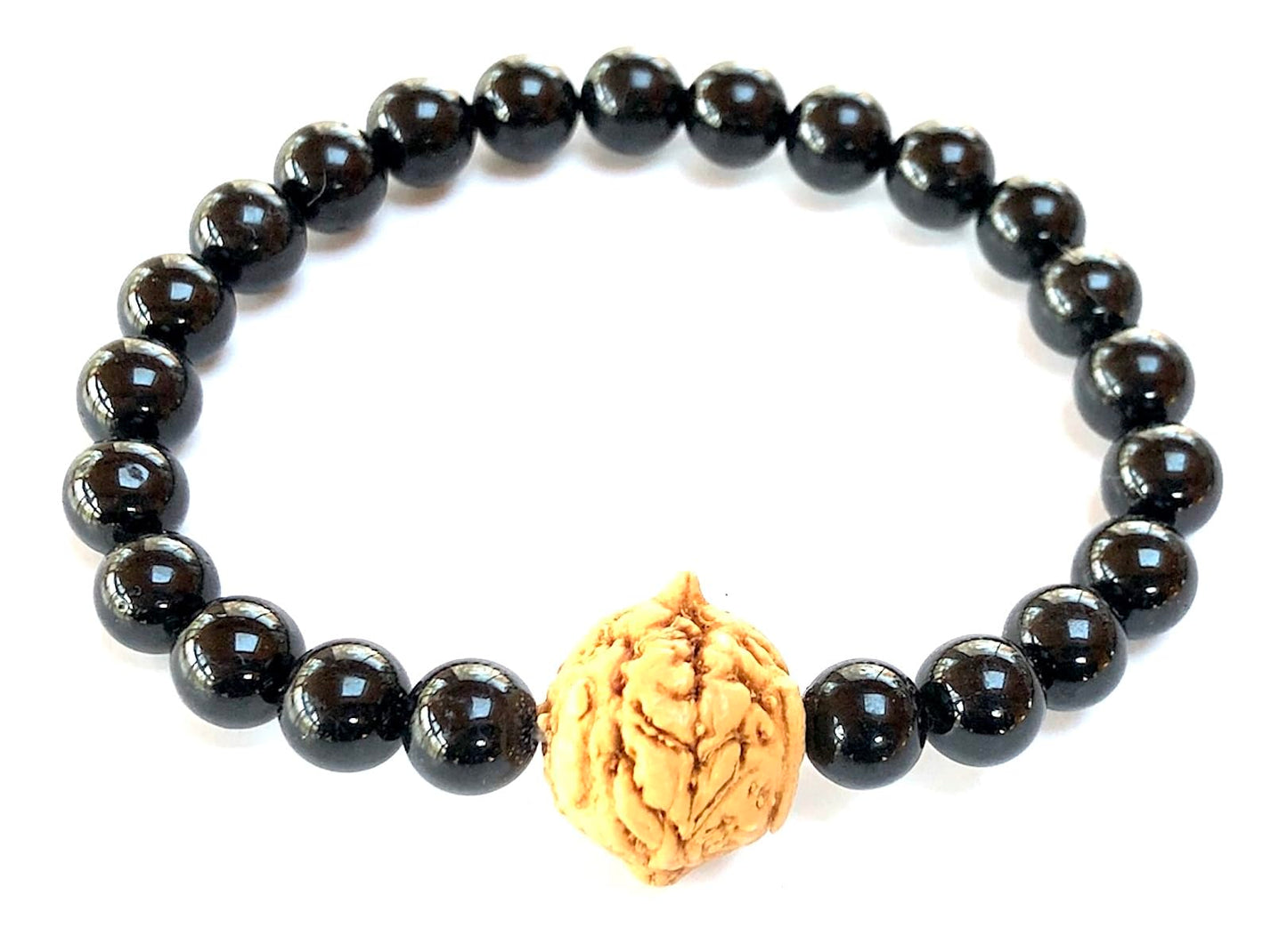 AWAKEN YOUR KUNDALINI Black Tourmaline & Bodhi Satva Bead Stretch Bracelet – 8mm & 14mm (Wrist Size 7.5 Inches)
