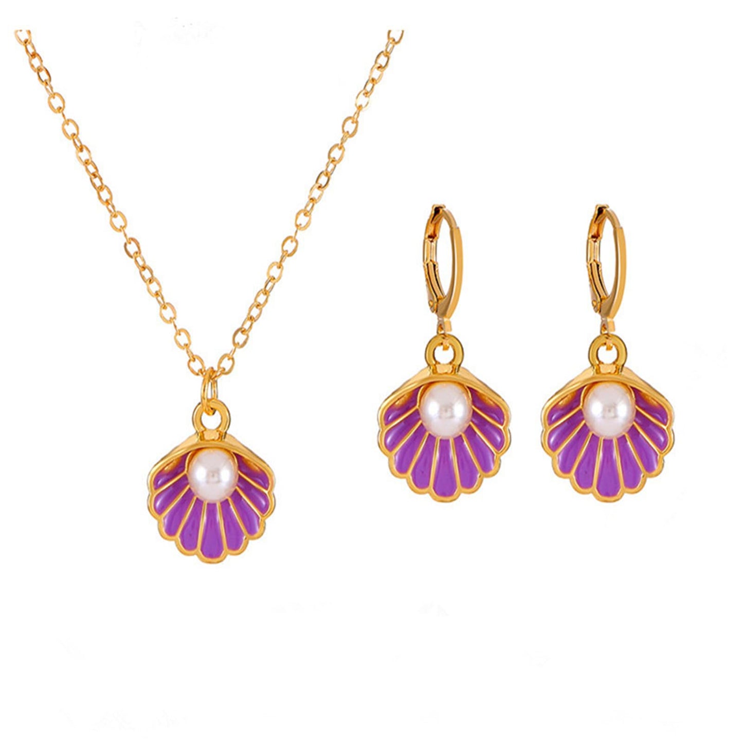 Seashell Pearl Pendant Necklace Gold Plated Boho Enamel Pink Blue Scallop Sea Shell Starfish Ocean Animal Chain Necklace for Women Hawaiian Summer Beach Holiday Fashion Jewelry Gifts (Purple jewelry set)