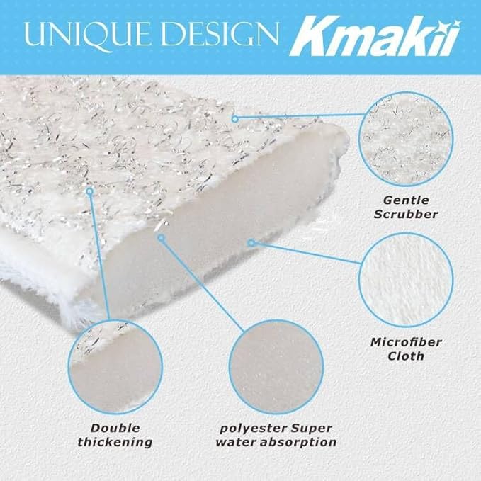 KMAKII Bamboo Fiber Scrub Sponges, Non-Scratch & Durable,6.3 × 3.1 inches, White, 4-Pack