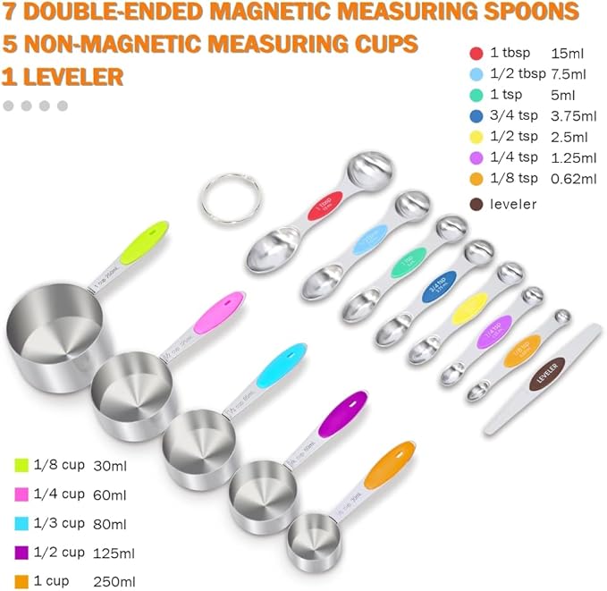 13-Piece Magnetic Measuring Spoons and Cups Set, Stainless Steel Kitchen Measure Tools with Silicone Handles, Nesting Dry and Liquid Measuring Cups for Baking Cooking (Multicolor)