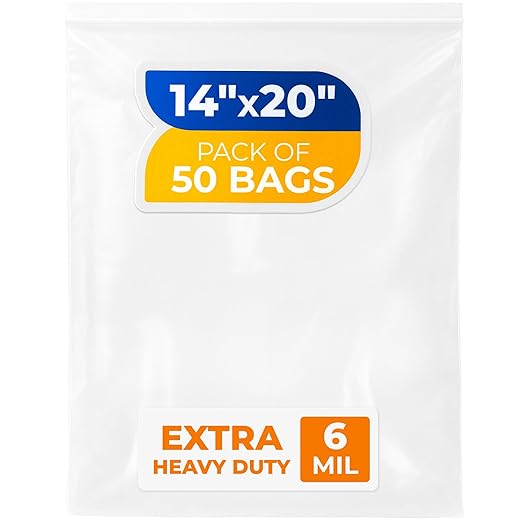14" x 20" Large Zip Seal Lock Bags, 6 Mil (Pack of 50) – Heavy-Duty Reclosable Plastic Bags – Clear, Resealable, Waterproof – For Storing and Organizing Clothes, Jewelry, and Travel Items