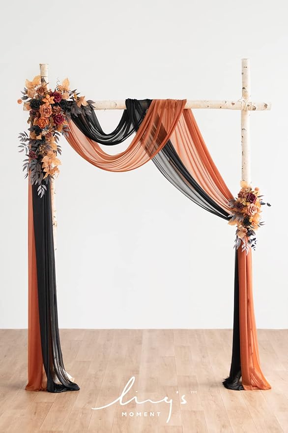 Ling's moment Black Orange Artificial Wedding Arch Flowers Kit Pack of 4, 2pcs Hanging Flower Arrangement 2pcs Chiffon Drapes Ceremony Reception Fake Rose Arbor Backdrop Floral Party Outdoor Decor