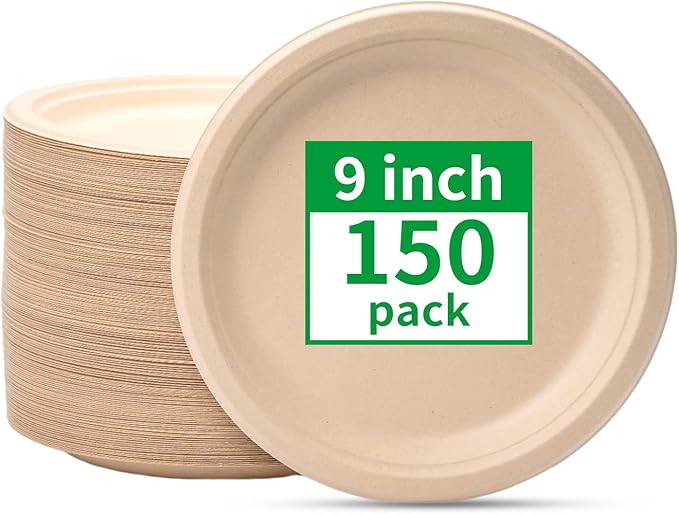 RACETOP Compostable Paper Plates 9 Inch [150 Pack], Disposable Biodegradable Heavy Duty Paper Plates, Made of Natural Sugarcane Fibers, Unbleached Brown, Round