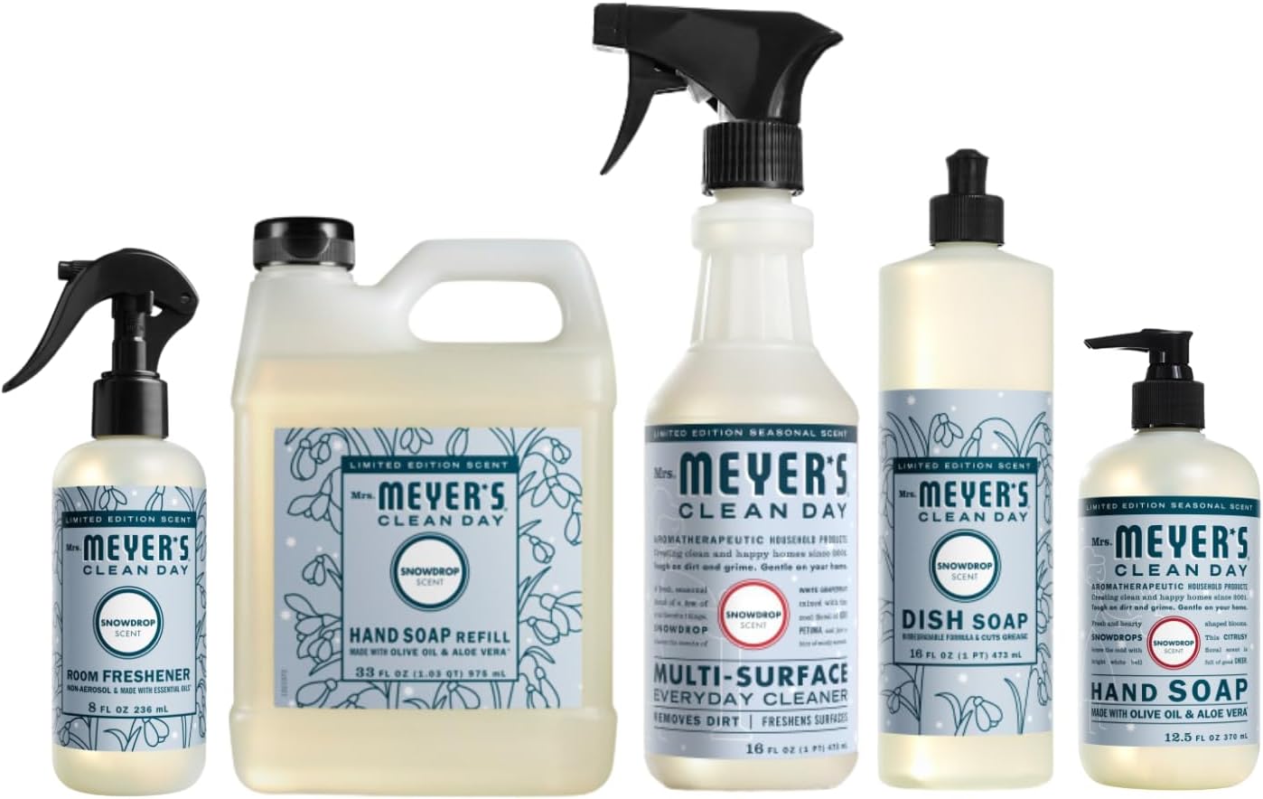 Mrs. MEYER'S Clean Day Snow Drop Scent Variety Pack, Liquid Hand Soap 12.5 Fl Oz, Dish Soap 16 Fl Oz, Multi-Surface Cleaner 16 Fl Oz, Room Freshener 8 Fl Oz,Hand Soap Refill 33 Fl Oz, 1 CT