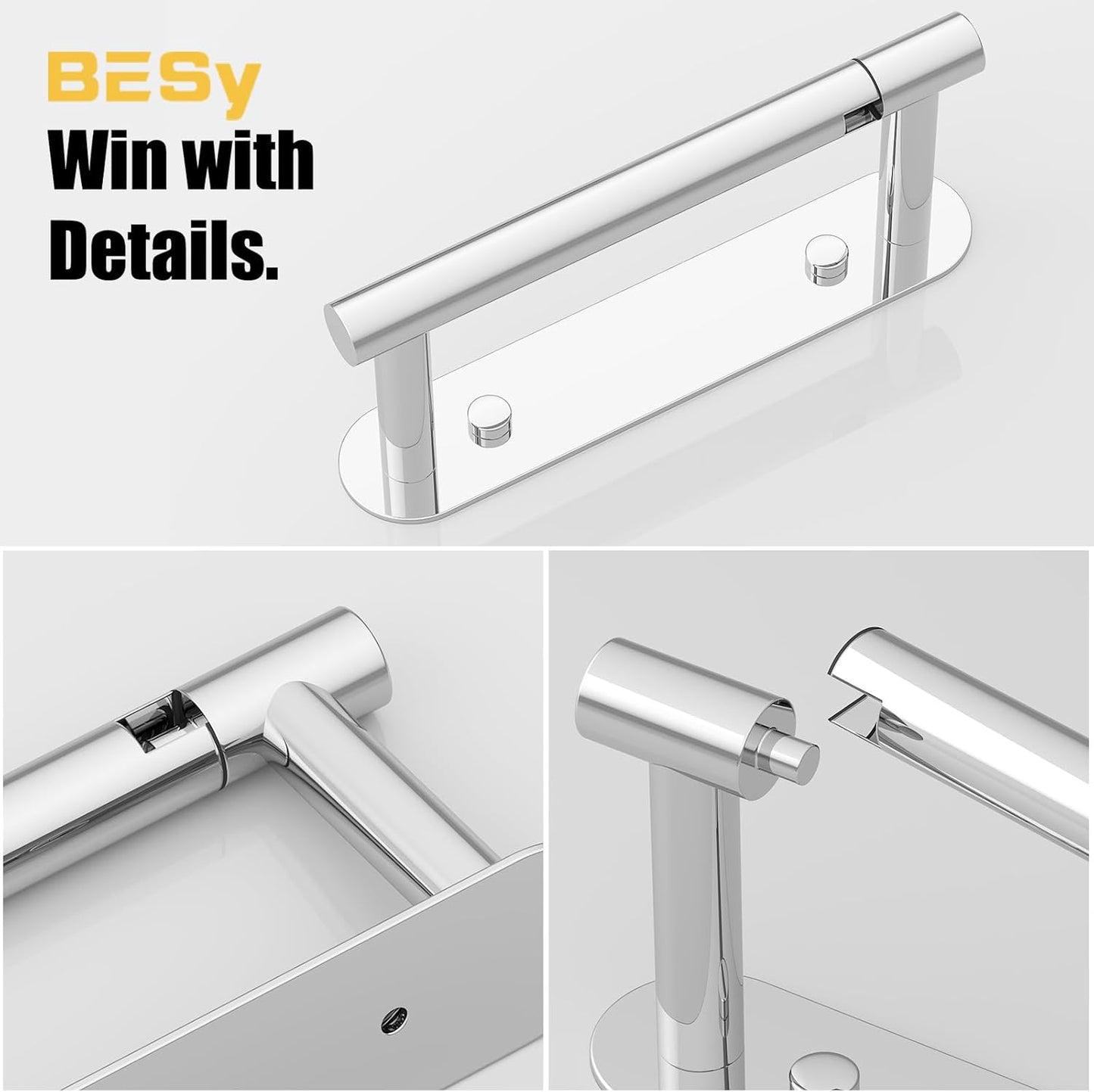 BESy Adhesive or Screw Toilet Paper Holder Wall Mount Rustproof Modern Roll Holder Flexible Pivoting Adjustable Tissue Handle with Self Adhesive or Mounted with Screws Stainless Steel Polished Chrome