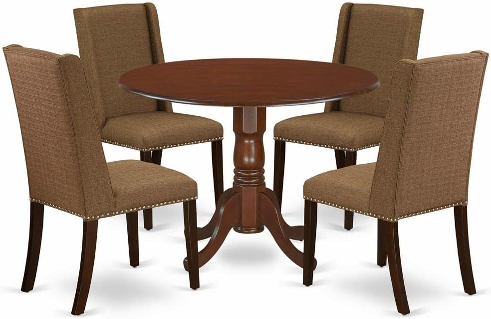 East West Furniture DLFL5-MAH-18 5 Piece Kitchen Table Set for 4 Includes a Round Dining Room Table with Dropleaf and 4 Brown Linen Linen Fabric Parson Dining Chairs, 42x42 Inch, Mahogany