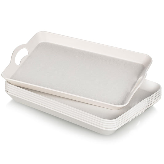 6 Pcs Serving Trays with Handles Trays for Eating 16 x 11 Inch Multi Purpose Plastic Tray Rectangular Anti Skid Decorative Food Tray for Restaurant Breakfast Countertop Party Kitchen (White)