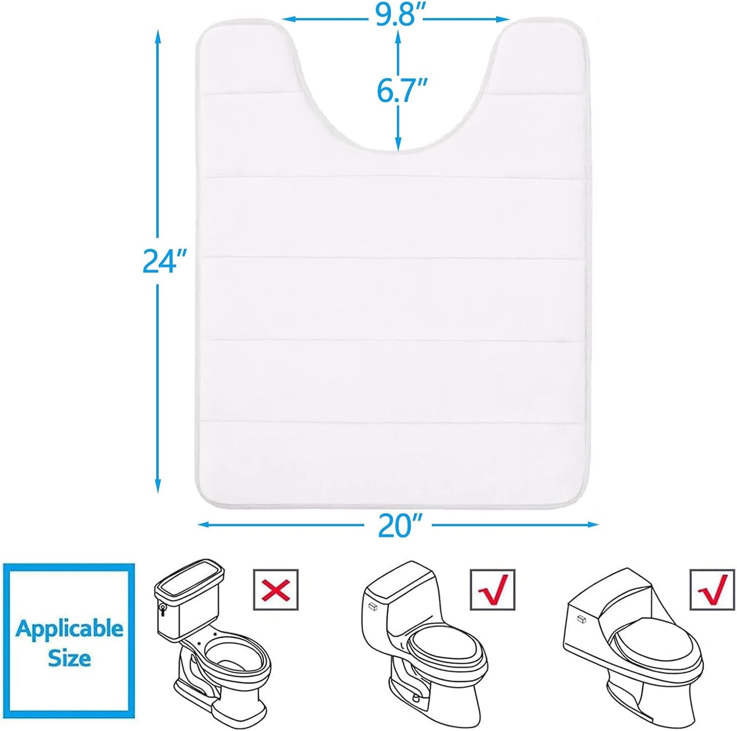 Buganda Memory Foam U-Shaped Contour Toilet Rugs, Non Slip Absorbent, Thick Soft Washable Bathroom Mat, Floor Carpet Bath Rugs Mat for Toilet Base (24" x 20", White)