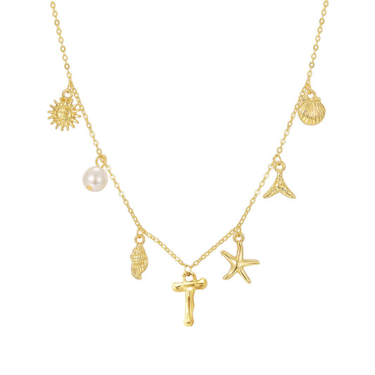 JALZEMPL Initial Charm Necklace For Women Shell Seashell Summer Beach Letter 14K Gold Plated Pendant Starfish Surfer Boho Jewelry Gifts (T)