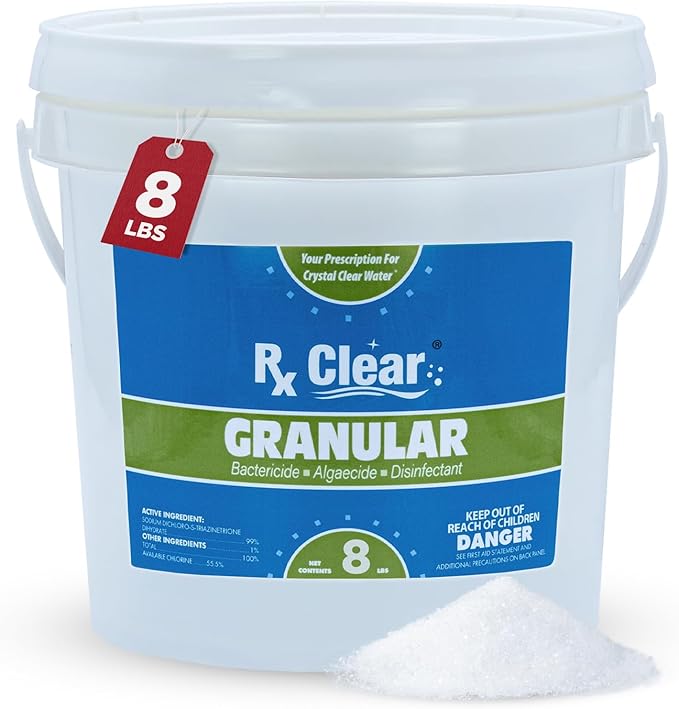Rx Clear 8 lbs Granular Pool Chlorine | Use As Bactericide, Algaecide, & Disinfectant in Swimming Pools, Hot Tubs, & Spas | Stabilized, Fast Dissolving & UV Protected