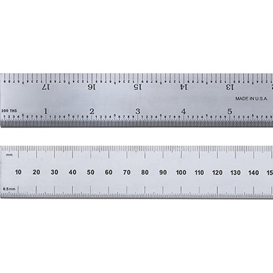 PEC Tools 6"/150mm Rigid Metal Ruler, Satin Chrome Carbon Steel Machinist Rule, Decimal & Metric Graduation (1/10", 1/100", 0.5mm, 1mm), Fully Hardened and Tempered, Made in USA