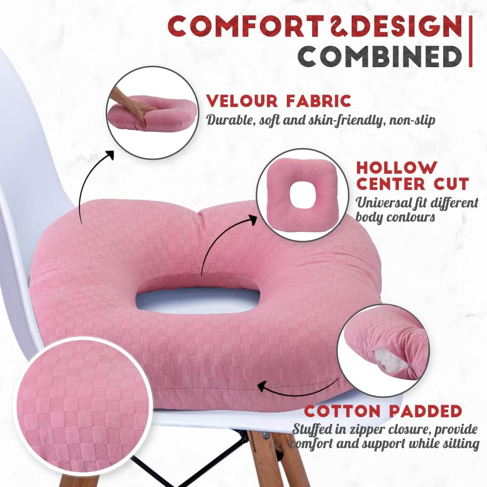 Stuffed Donut Pillow Seat Cushion | for Tailbone and Coccyx Pain, Hemorrhoids, Bed Sores, Pregnancy, Prostate, Surgery Recovery, Sitting Pressure Relief, for Home, Office and Car (Pink)