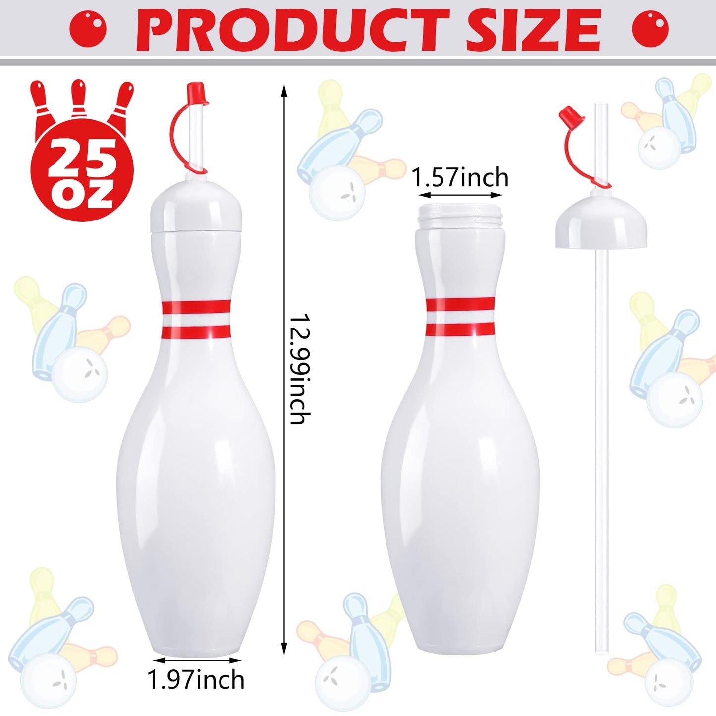 Funtery 12 Set Bowling Lovers Gifts for Men Women 25 oz Reusable Bowling Pin Plastic Water Bottles with Straws and Lids Sports Fans