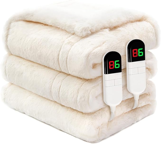 Premium Heated Blanket Queen 84"×90",Ultra Cosy Soft Electric Blanket with 8 Heating Levels,Dual Control Plush Fast Heating Faux Rabbit Fur for Bed & Couch - Auto Shut Off,Machine Washable(Beige)