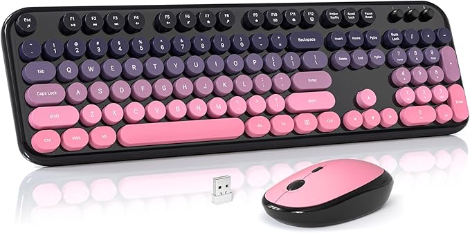 Wireless Keyboard and Mouse Combo, MOWUX Colorful Computer Full Size 2.4G Plug and Play Wireless Typewriter Keyboard and Mouse Set for Computer, Desktop, PC (Plum Pink Gradient)